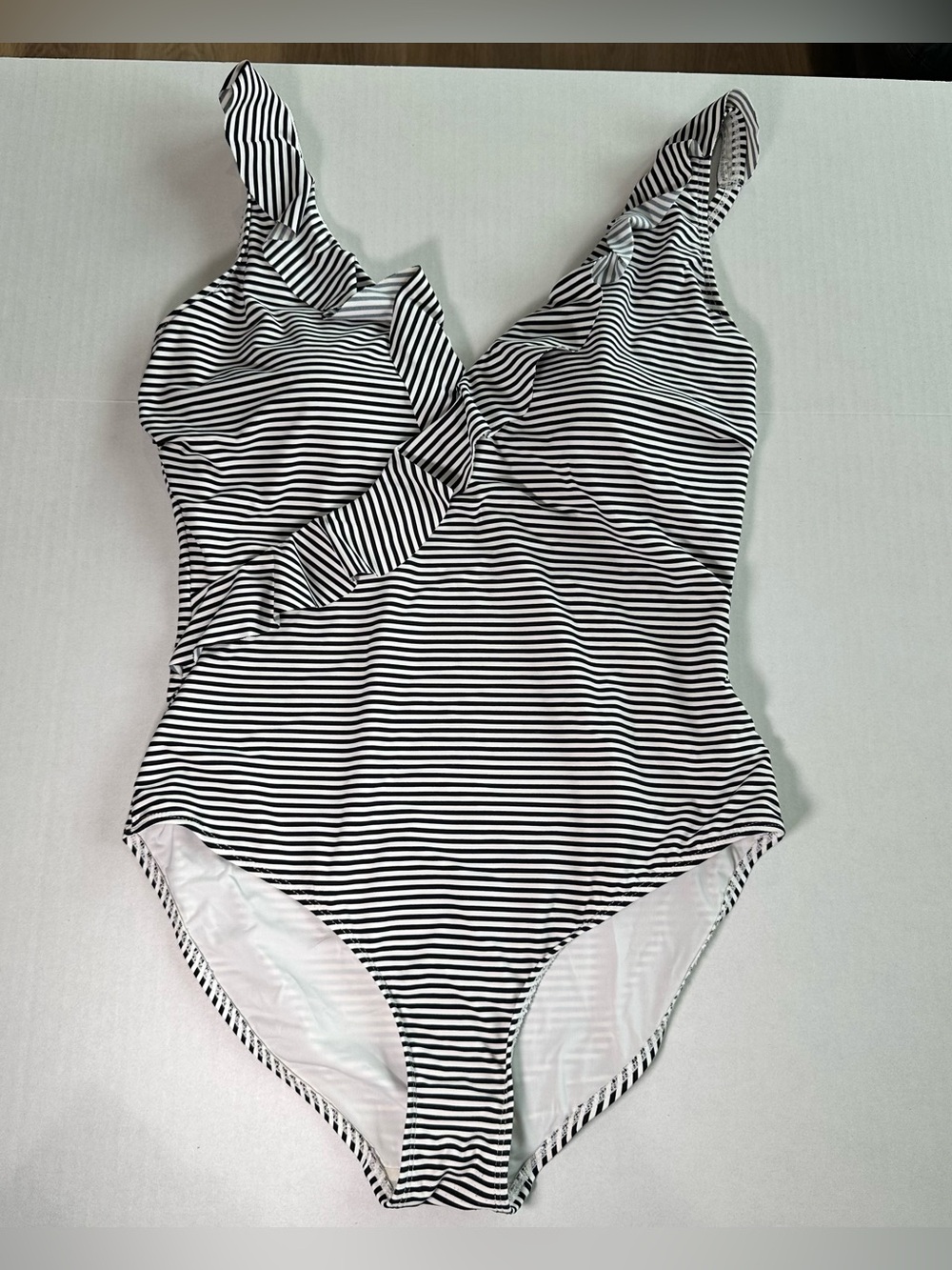 Niptuck White & Black Striped Marine Ruffle One Piece Swimsuit Swimwear Coastal